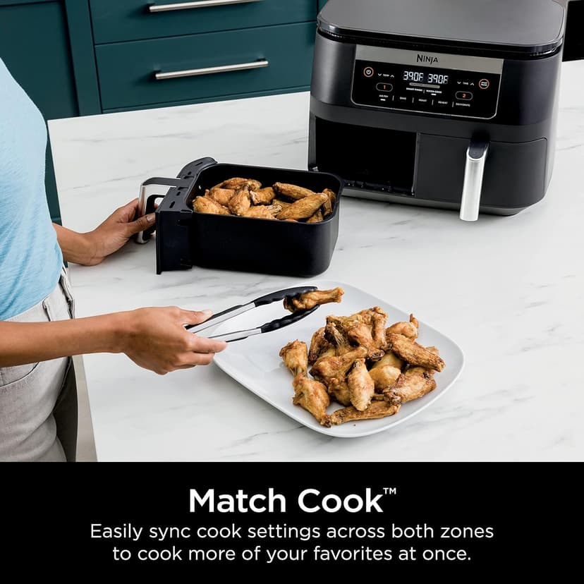 Ninja DZ090 Foodi 6 Quart 5-in-1 DualZone 2-Basket Air Fryer with 2 Independent Frying Baskets, Match Cook & Smart Finish to Roast, Bake, Dehydrate & More for Quick Snacks & Small Meals, Black