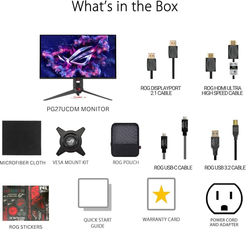 ASUS ROG Swift 27” 4K QD-OLED Gaming Monitor (PG27UCDM) - 240Hz, 0.03ms, Custom Heatsink, Neo Proximity Sensor, G-SYNC Compatible, 99% DCI-P3, True 10-bit color, DisplayPort 2.1a UHBR20, 3 yr warranty
