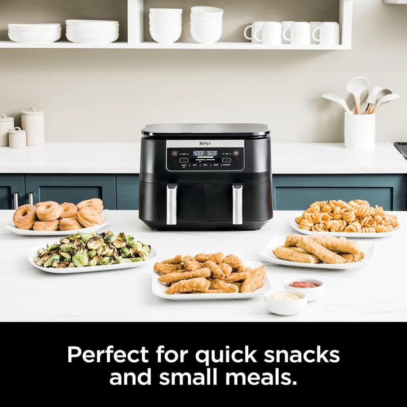 Ninja DZ090 Foodi 6 Quart 5-in-1 DualZone 2-Basket Air Fryer with 2 Independent Frying Baskets, Match Cook & Smart Finish to Roast, Bake, Dehydrate & More for Quick Snacks & Small Meals, Black