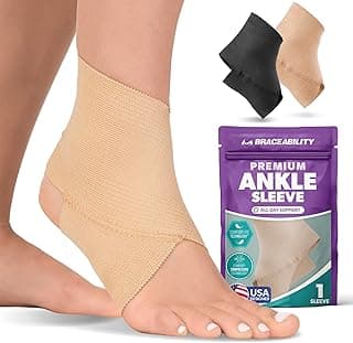 BraceAbility Elastic Ankle Support Brace - Lightweight Slip on Foot and Ankle Compression Sleeve for Gymnastics, Dance, Sports, Running, Exercise, and Sprained Ankle Swelling for Women and Men (Beige, Medium)