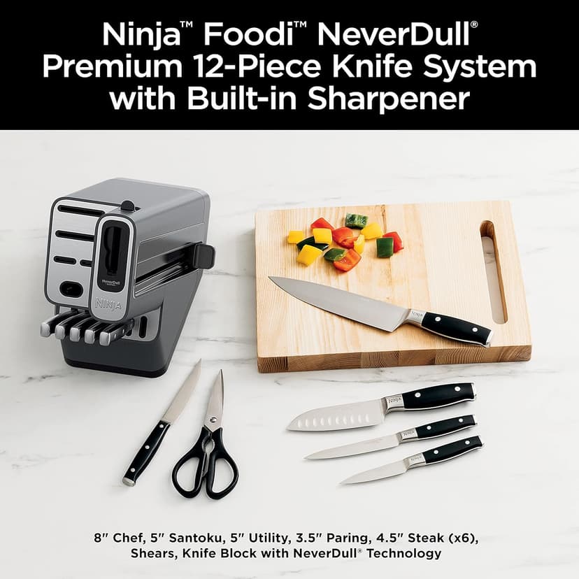 Ninja K32012 Foodi NeverDull Premium Knife System, 12 Piece Knife Block Set with Built-in Sharpener, German Stainless Steel Knives, Black