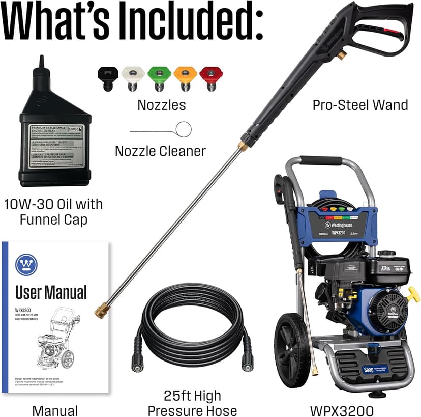 Westinghouse WPX3200 Gas Pressure Washer, 3200 PSI and 2.5 Max GPM, Onboard Soap Tank, Spray Gun and Wand, 5 Nozzle Set, for Cars/Fences/Driveways/Homes/Patios/Furniture
