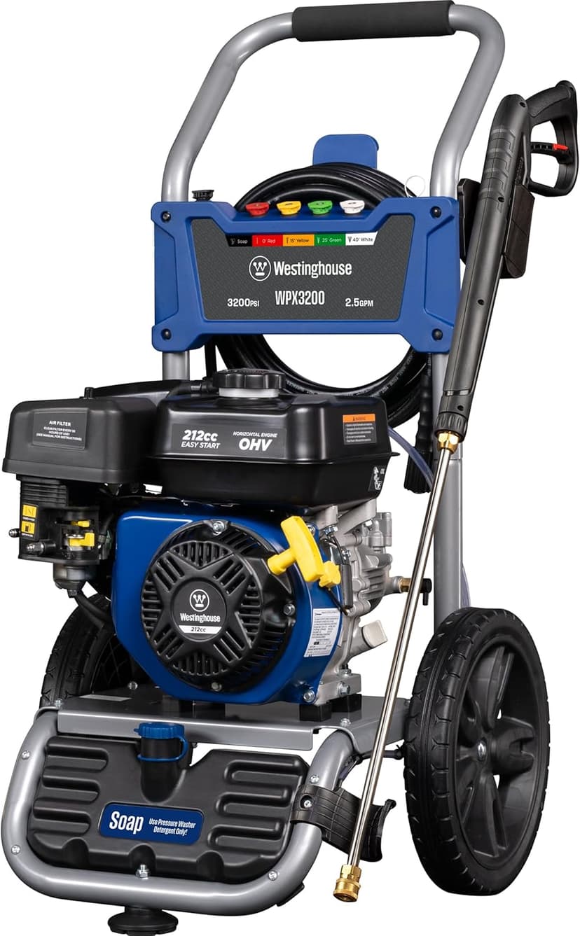 Westinghouse WPX3200 Gas Pressure Washer, 3200 PSI and 2.5 Max GPM, Onboard Soap Tank, Spray Gun and Wand, 5 Nozzle Set, for Cars/Fences/Driveways/Homes/Patios/Furniture