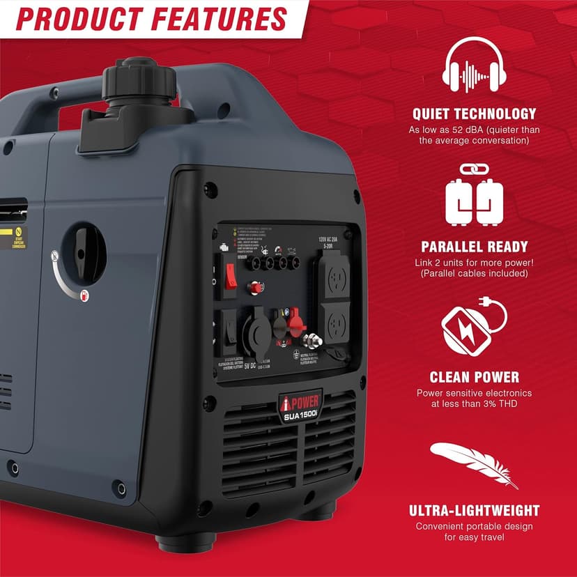 A-iPower 1500 Watt Portable Quiet Inverter Generator Gas Powered, Small Ultra Lightweight Quiet Generator for Camping, Tailgating, Home Backup, Emergency, EPA & CARB Compliant, CO Sensor (SUA1500i)