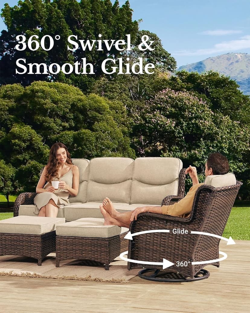 HILLGA Luxury High Back Patio Furniture Set with 6-Inch Thick Cushion, 5-Piece Outdoor Conversation Set with Sofa, Swivel Rocker Chairs & Ottomans, Ideal for Porch Pool Deck Yard (Beige)