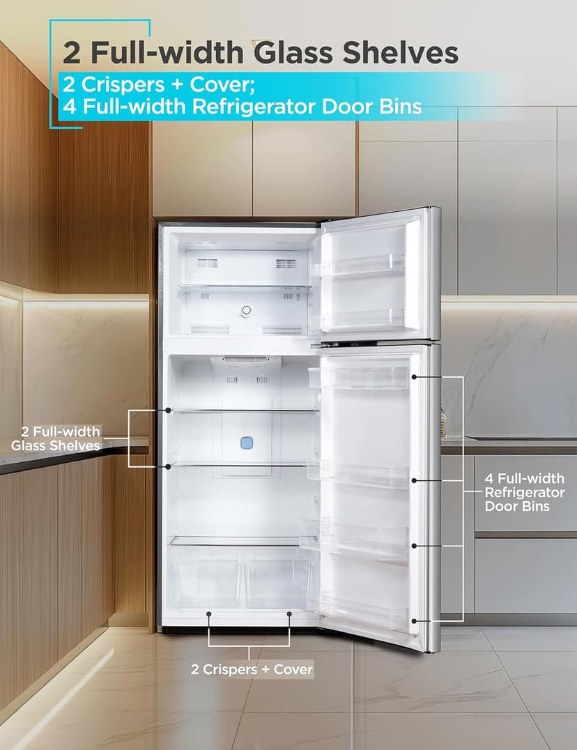 BLACK+DECKER 14.6 Cu. Ft. Top Mount Refrigerator with Freezer, 2 Door Refrigerator with Top Freezer and Adjustable Temperature Control, ENERGY STAR, BR1460HS, Stainless Steel Look