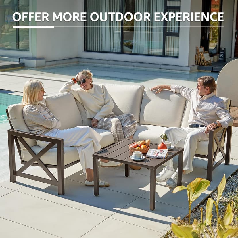NATURAL EXPRESSIONS 6 Pieces Patio Furniture Sets, Metal Outdoor Sectional Furniture L Shape Patio Conversation Sets,Highback Frame,Metal Table,Large Waterproof Cover, 6.5" Olefin Cushions
