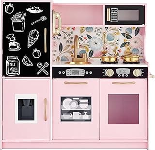 Best Choice Products Pretend Play Kitchen Wooden Toy Set for Kids w/Realistic Design, Telephone, Utensils, Oven, Microwave, Sink - Pink Floral
