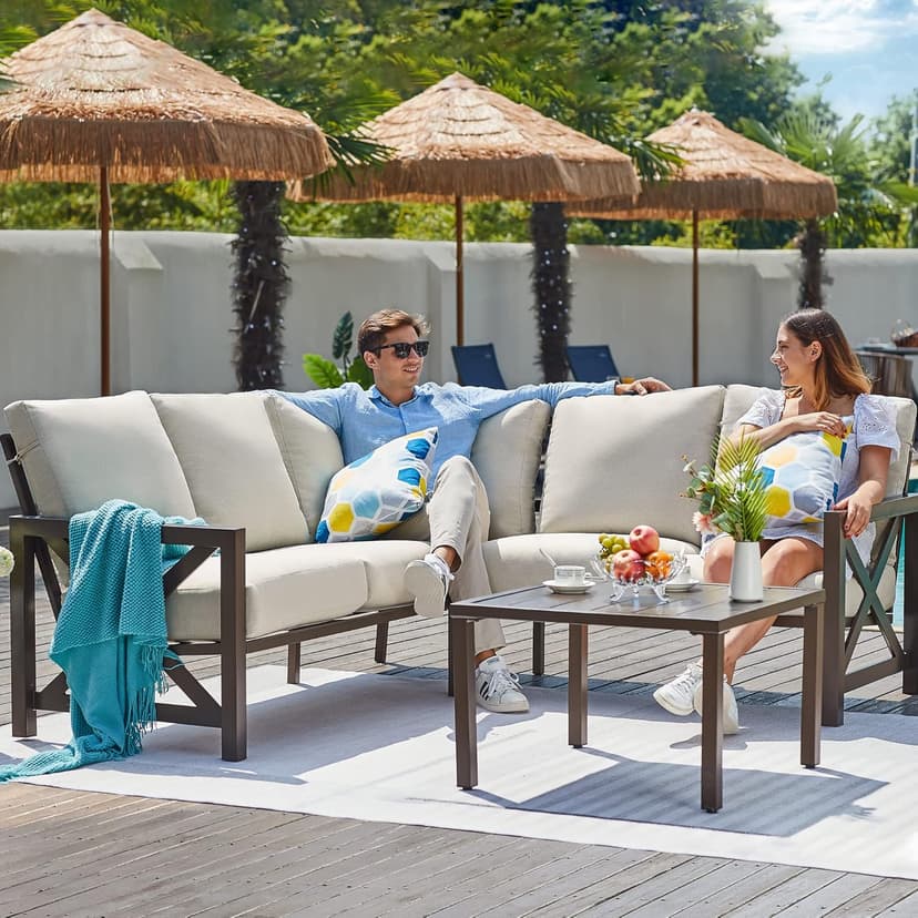 NATURAL EXPRESSIONS 6 Pieces Patio Furniture Sets, Metal Outdoor Sectional Furniture L Shape Patio Conversation Sets,Highback Frame,Metal Table,Large Waterproof Cover, 6.5" Olefin Cushions