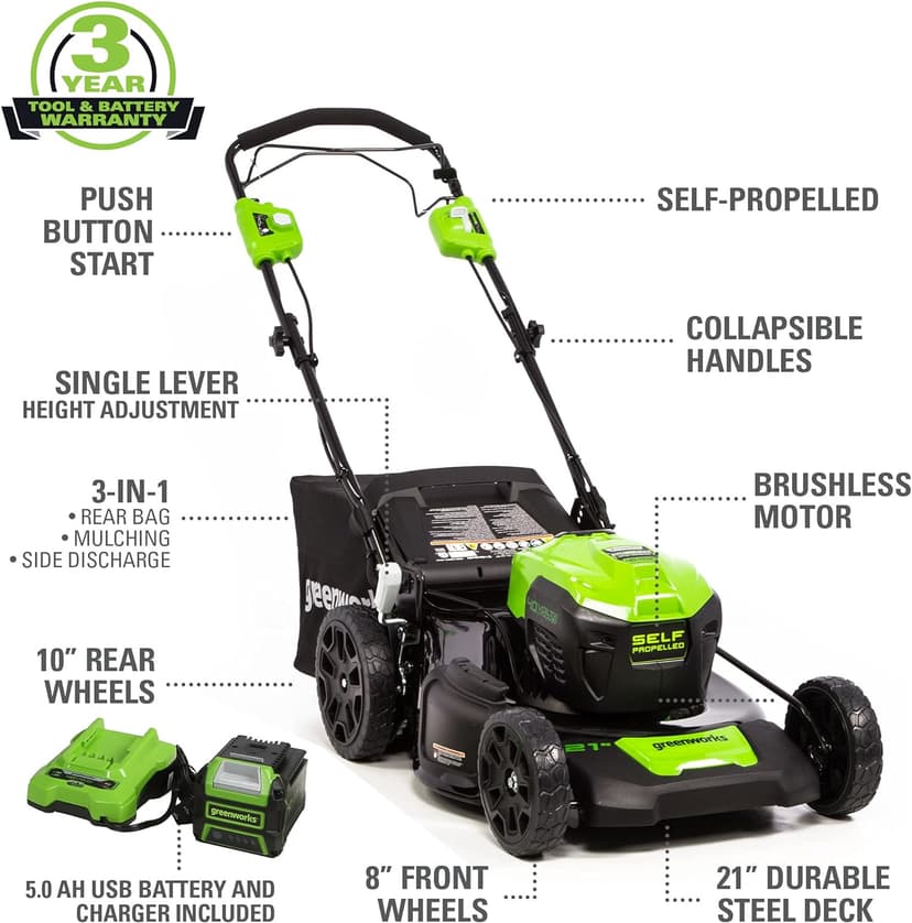 Greenworks 40V 21" Brushless Cordless (Self-Propelled) Lawn Mower (75+ Compatible Tools), 5.0Ah Battery and Charger Included