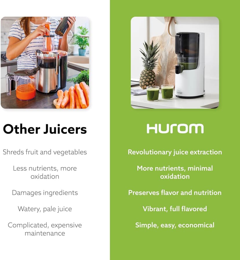 Hurom H-200 Electronic Slow Juicer Machine (Silver) - Self Feeding w Big Mouth Hopper to Fit Whole Fruits & Vegetables - Healthy Living - Easy Rinse Clean No Scrub BPA Free Easy Assembly
