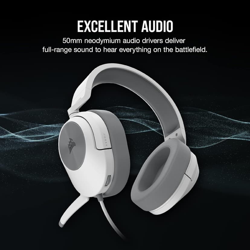 Corsair HS55 Stereo Gaming Headset (Leatherette Memory Foam Ear Pads, Lightweight, Omni-Directional Microphone, PC, Mac, PS5/PS4, Xbox Series X | S, Nintendo Switch, Mobile Compatibility) White