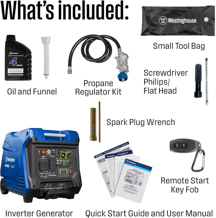 Westinghouse 5000 Peak Watt Super Quiet Dual Fuel Portable Inverter Generator, Remote Electric Start, Gas & Propane Powered, RV Ready, CO Sensor, Parallel Capable