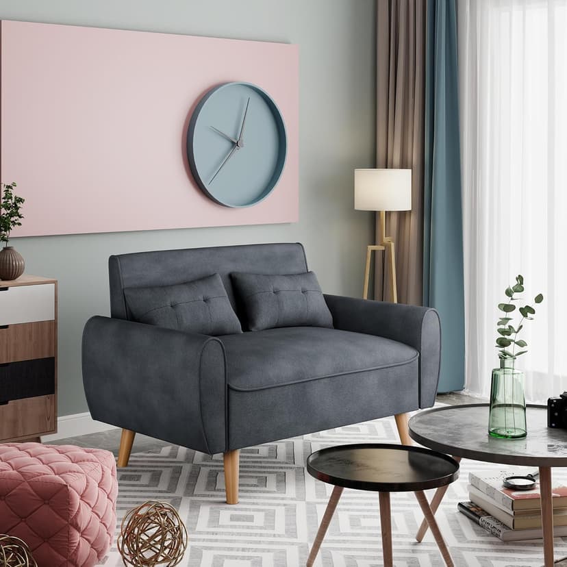 Vongrasig 47" Small Modern Loveseat Sofa, Mid Century Linen Fabric 2-Seat Sofa Couch Tufted Love Seat with Back Cushions and Tapered Legs for Living Room, Bedroom and Small Space (Dark Gray)