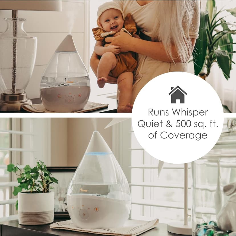 Crane White Drop 4 in 1 Ultrasonic Cool Mist Top Fill Humidifier with Sound Machine, 1 Gallon Tank, For Large Rooms, Clear and White, Baby Nursery Humidifier