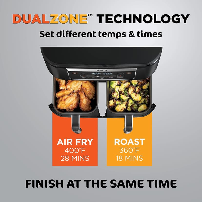 Ninja DZ090 Foodi 6 Quart 5-in-1 DualZone 2-Basket Air Fryer with 2 Independent Frying Baskets, Match Cook & Smart Finish to Roast, Bake, Dehydrate & More for Quick Snacks & Small Meals, Black