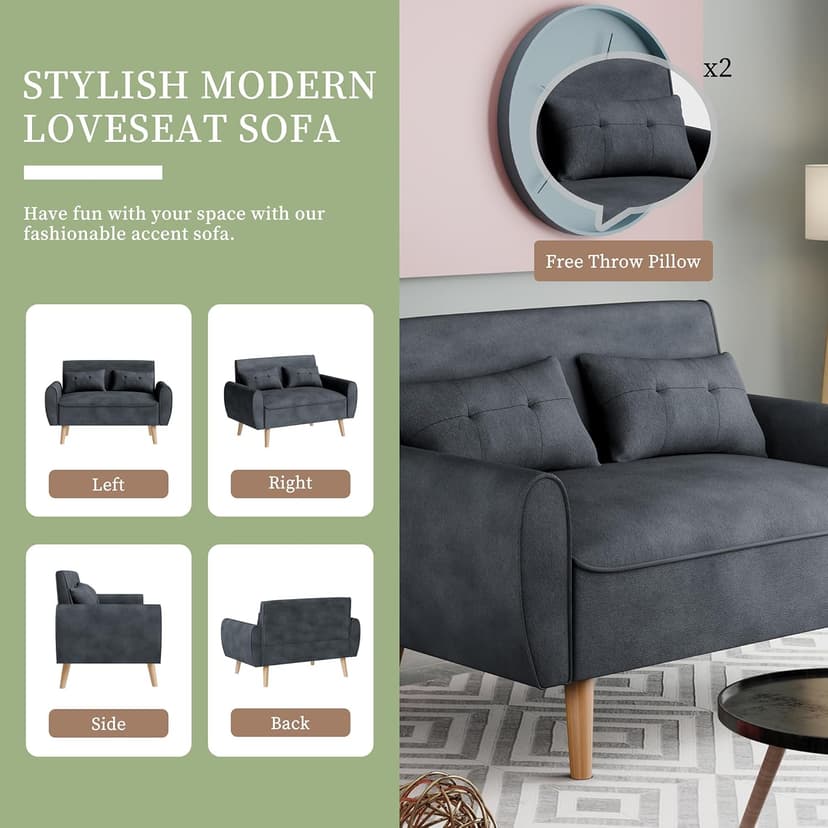 Vongrasig 47" Small Modern Loveseat Sofa, Mid Century Linen Fabric 2-Seat Sofa Couch Tufted Love Seat with Back Cushions and Tapered Legs for Living Room, Bedroom and Small Space (Dark Gray)