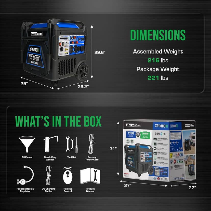DuroMax XP11000iH 11,000-Watt Dual Fuel Portable Digital Inverter Generator - Gas & Propane, Remote Electric Start, Transfer Switch Ready, RV & Emergency Ready