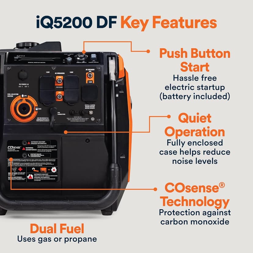 Generac 5,200-Watt Dual-Fuel Portable Inverter Generator - Gas and Propane Compatible - Compact and Lightweight Design - Clean, Stable Power - COsense Technology - Orange/Black - 50 State Compliant