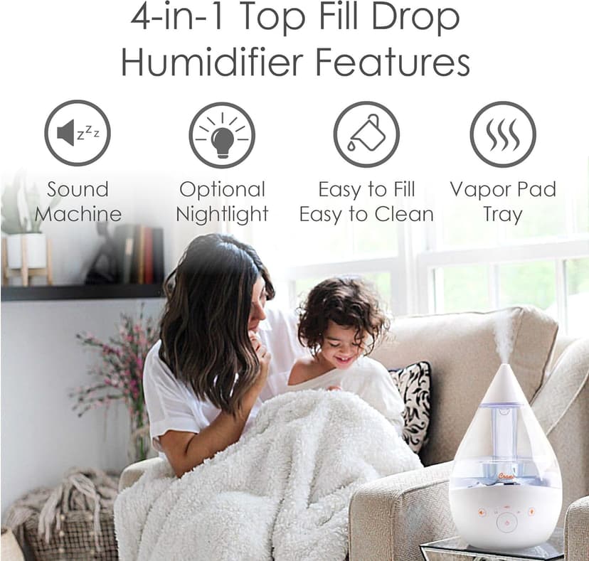 Crane White Drop 4 in 1 Ultrasonic Cool Mist Top Fill Humidifier with Sound Machine, 1 Gallon Tank, For Large Rooms, Clear and White, Baby Nursery Humidifier