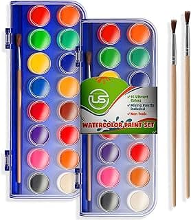 2 Packs of 16 Vivid Colors Washable Watercolor Paint Set Includes Watercolour Mixing Palette and 2 Brushes, Perfect For Artists, Beginner Painters, Kids and Adult Painting
