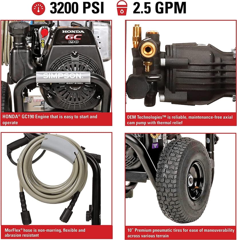 SIMPSON 3200PSI Gas Pressure Washer, 2.5GPM, Honda GC190 Engine, Spray Gun, 5 Nozzle Tips, 25ft Hose, 49 States