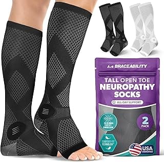 BraceAbility Compression Socks for Circulation - 20-30 mmHg Knee High Neuropathy Open Toe Stockings for Varicose Veins, Swelling, RLS, Medical Toeless Support for Men or Women - 1 Pair (M - Black)