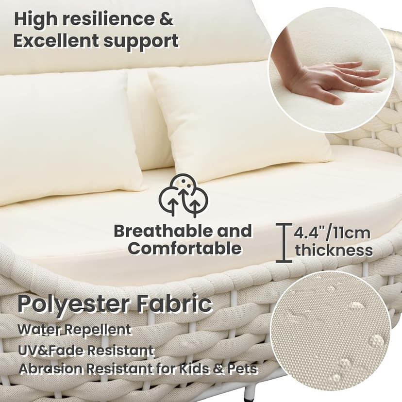 Woven Rope Outdoor Sofa Set: 4 Pieces Aluminum Patio Conversation Set Assembled - All Weather Cushioned Porch Furniture Couch - Modern Metal Lounge Set for Deck Yard Resort Hotel Sunroom, Beige