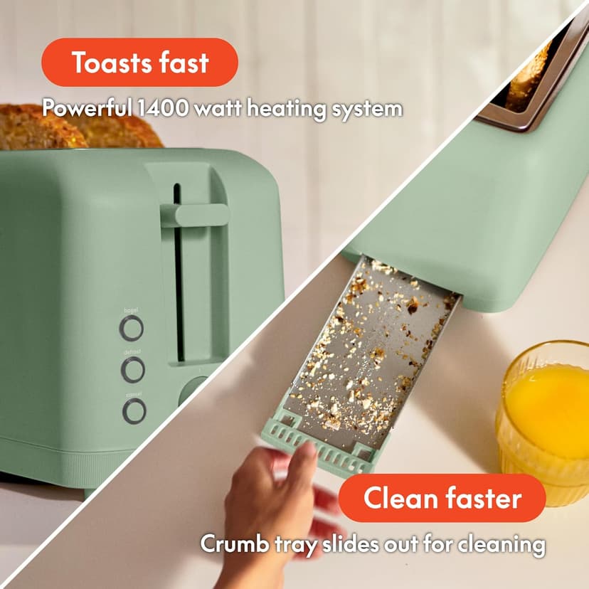 bella 4 Slice Slim Toaster, Fits-anywhereTM Kitchenware, 6 Setting Shade Control with Reheat & Cancel Buttons, Removable Crumb Tray, 10” Long Slot, Anti Jam & Auto Shutoff, 900 Watt, Seaglass