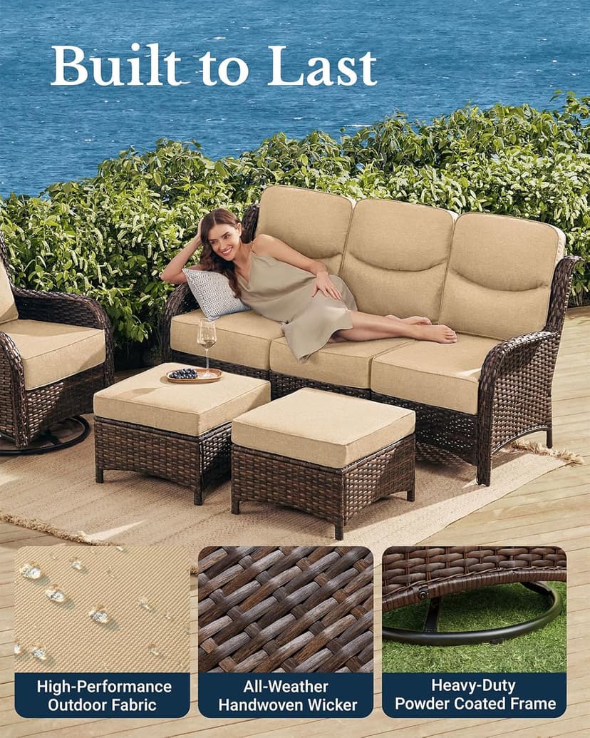HILLGA Luxury High Back Patio Furniture Set with 6-Inch Thick Cushion, 5-Piece Outdoor Conversation Set with Sofa, Swivel Rocker Chairs & Ottomans, Ideal for Porch Pool Deck Yard (Beige)