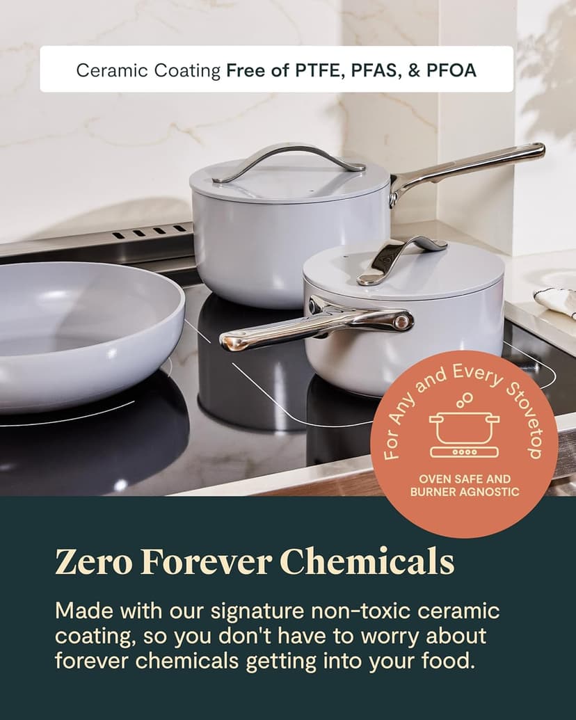 Caraway Nonstick Ceramic Cookware Set (12 Piece) Pots, Pans, Lids and Kitchen Storage - Non Toxic - Oven Safe & Compatible with All Stovetops - Cream