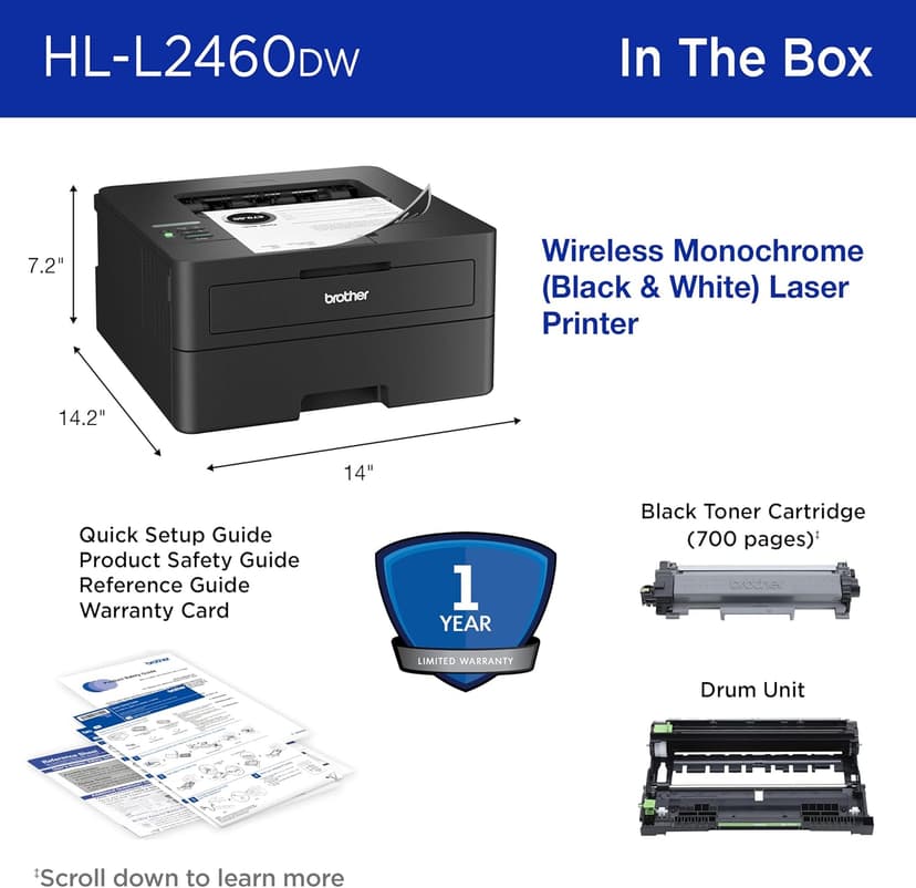 Brother HL-L2460DW Wireless Compact Monochrome Laser Printer with Duplex, Mobile Printing, Black & White Output | Includes Refresh Subscription Trial(1), Works with Alexa