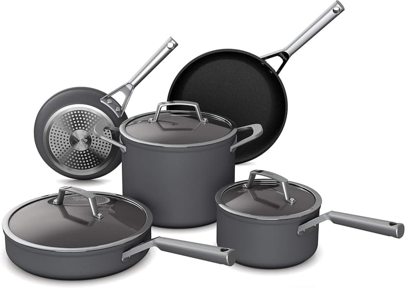 Ninja C38000 Foodi NeverStick Premium 8-Piece Cookware Set with Glass Lids, Hard-Anodized, Nonstick, Durable & Oven Safe to 500°F, Slate Grey