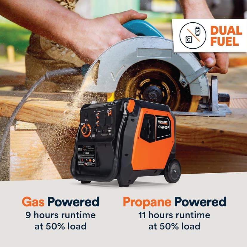 Generac 5,200-Watt Dual-Fuel Portable Inverter Generator - Gas and Propane Compatible - Compact and Lightweight Design - Clean, Stable Power - COsense Technology - Orange/Black - 50 State Compliant