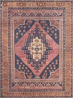 BoutiqueRugs Malamote Boho Vintage Colorful Area Rug - Farmhouse Traditional Medallion Carpet for Living Room - Machine Washable - Navy, Pink, Burnt Orange, Magenta - 5'3" x 7'3" (5x7)