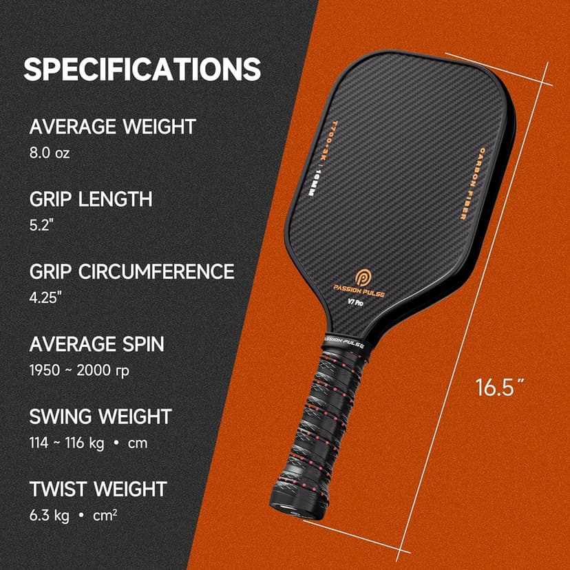 V7 Pro Pickleball Paddle – 3K Raw Carbon Fiber Pickle Ball Paddles with 16mm Polypropylene Core, 3D PulseGrip Handle, – Pickleball Rackets Ideal for All Skill Levels