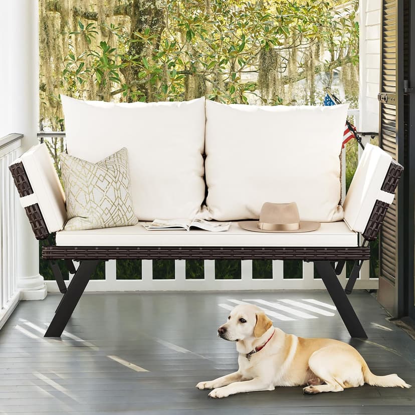 Flamaker Outdoor Convertible Sofa, Woven Rattan Patio Furniture Sunbed with Adjustable Armrests, Removable Cushions and Pillows for Patio, Porch, Pool (Brown Lounger & Beige Pillowcase)