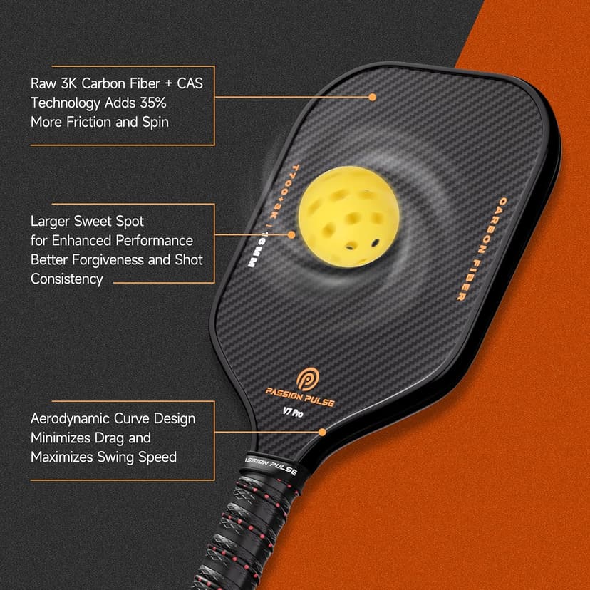 V7 Pro Pickleball Paddle – 3K Raw Carbon Fiber Pickle Ball Paddles with 16mm Polypropylene Core, 3D PulseGrip Handle, – Pickleball Rackets Ideal for All Skill Levels