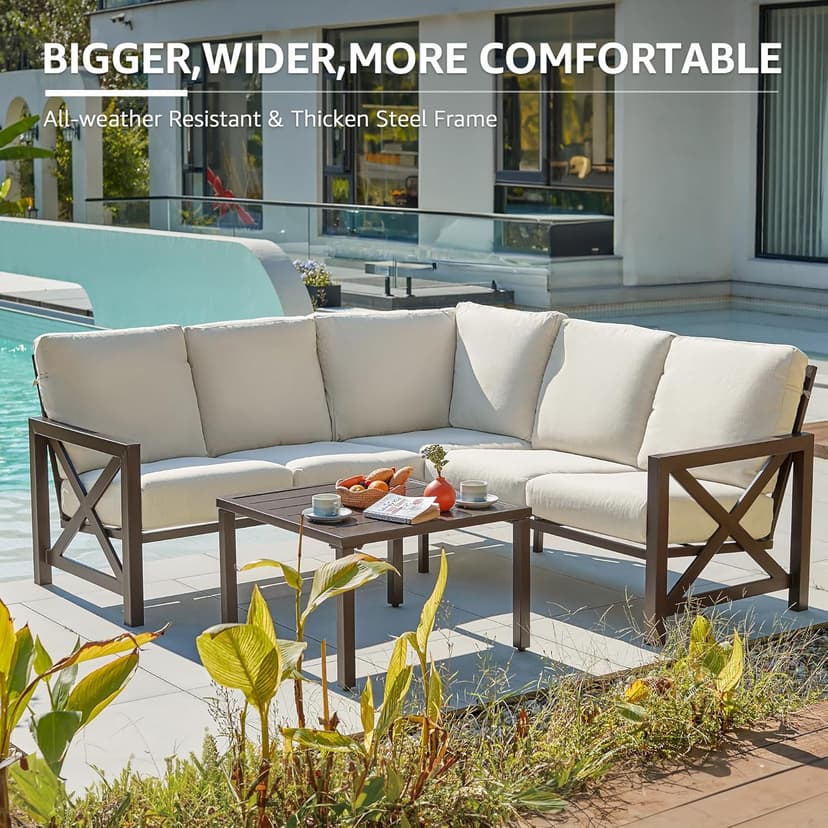 NATURAL EXPRESSIONS 6 Pieces Patio Furniture Sets, Metal Outdoor Sectional Furniture L Shape Patio Conversation Sets,Highback Frame,Metal Table,Large Waterproof Cover, 6.5" Olefin Cushions