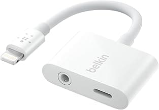 Belkin RockStar Lightning to 3.5mm Audio Cable + Audio Charger Splitter, 2-in-1 Aux iPhone Headphone and Charger Adapter - Compatible with iPhone 14, 13, 12, 11, X, and More - White