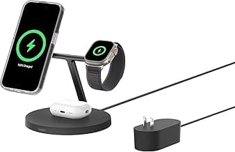 Belkin MagSafe-Compatible Charger, 3-in-1 Wireless Charging Station, Qi2-Certified 15W Wireless Charge for Apple iPhone 17 Series, Apple Watch, AirPods w/Non-Slip Base, 40W Included - Black
