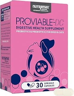 Nutramax Proviable Probiotics for Dogs and Cats, Daily Digestive Health Supplement with Multiple Strains of Bacteria, Cat and Dog Probiotics Plus Prebiotics, 30 Capsules