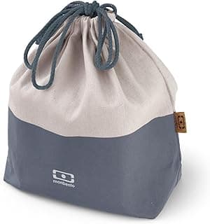 monbento Lunch Bag MB Pochette L Natural Natural - Polyester and Cotton Large Lunch Tote - For Work Lunch Packing - Can Contain a Bento Box + a Bottle + a Cutlery Set - Cream & Blue