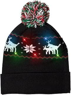 Windy City Novelties LED Light-Up Knitted Christmas Beanie | Ugly Sweater Reindeer Design | 3 Flashing Modes
