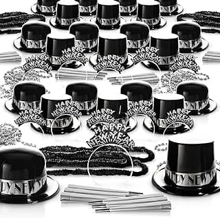Black and Silver New Years Eve Party Supplies 2026 100 Guest 250 Pieces Top Hats Tiaras Bead Necklace Noise Makers 2026 New Years Decorations Happy New Year Decorations 2026 Bulk Party Favors
