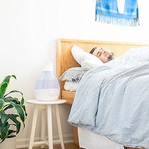 Crane Ultrasonic Cool Mist Teardrop Humidifier for Baby Nursery, Bedroom, Office, Large Room, Adjustable Humidity, Auto Shut-Off, Easy Clean Blue & White 1 Gallon