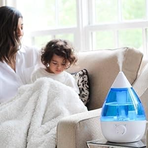 Crane Ultrasonic Cool Mist Teardrop Humidifier for Baby Nursery, Bedroom, Office, Large Room, Adjustable Humidity, Auto Shut-Off, Easy Clean Blue & White 1 Gallon