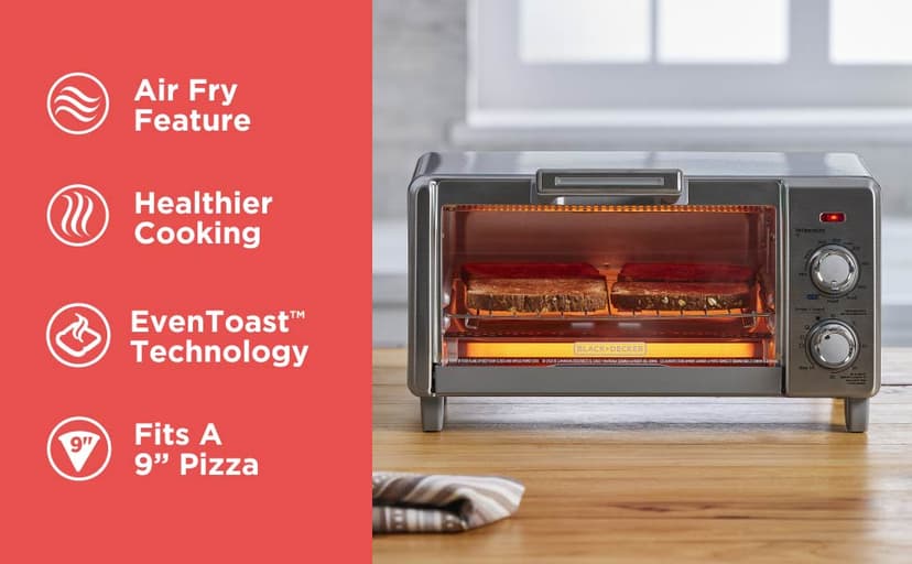 BLACK+DECKER Crisp 'N Bake Air Fry Countertop Convection Toaster Oven, Medium Capacity, 4-Slice, 5-in-1, Fits 9” Pizza, 30-Min Timer, Bake, Broil, Air Fry, Toast, Keep Warm, Stainless Steel
