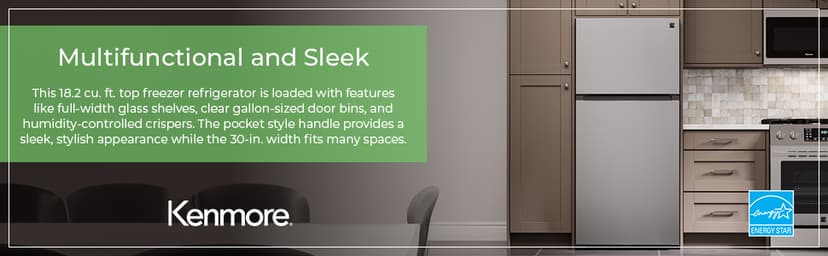 Kenmore 30 in. 18.2 cu. ft. Capacity Refrigerator/Freezer with Adjustable Glass Shelving, Humidity Control Crispers, Gallon Door Bins, ENERGY STAR Certified, Fingerprint Resistant Stainless Steel