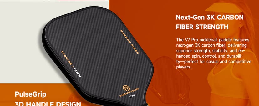 V7 Pro Pickleball Paddle – 3K Raw Carbon Fiber Pickle Ball Paddles with 16mm Polypropylene Core, 3D PulseGrip Handle, – Pickleball Rackets Ideal for All Skill Levels